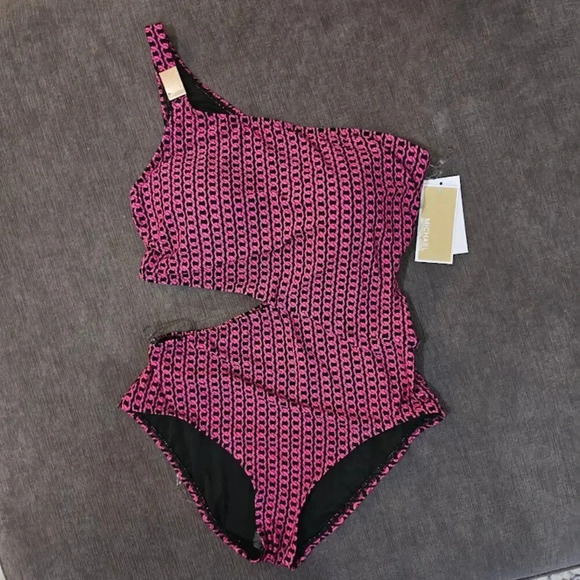 Michael Kors Black Pink Chain Pattern One Shoulder Cutout One Piece Swimsuit 12 - Picture 1 of 12